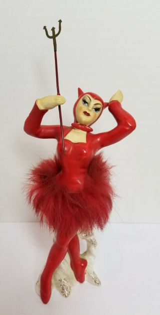 Vintage Enesco Red Devil Dancer Ballerina Figurine W Pitchfork Foil Label