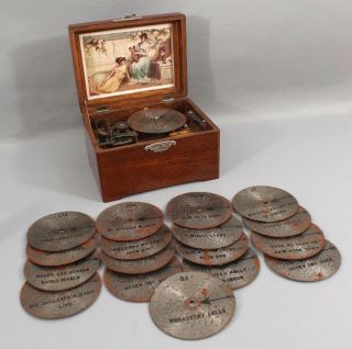 Antique Victorian German Oak Music Box W 18 Discs,