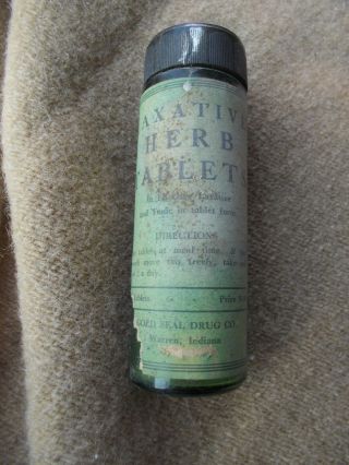 Vintage Antique Laxitive Herb Table Green Bottle W/ Cap & Paper Label