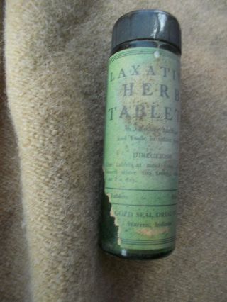 VINTAGE ANTIQUE Laxitive Herb table green bottle w/ cap & paper label 2