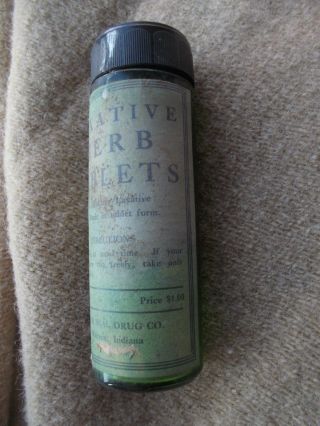 VINTAGE ANTIQUE Laxitive Herb table green bottle w/ cap & paper label 3