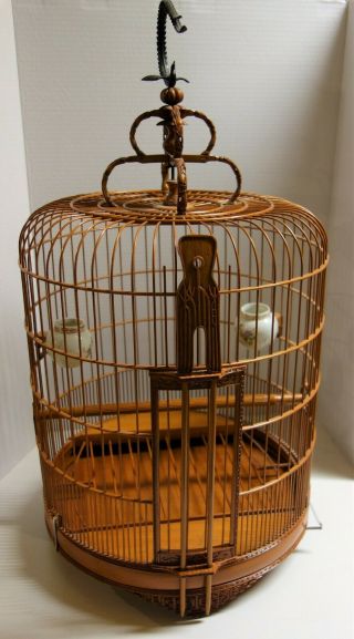 Chinese Bamboo Bird Cage - With 2 Porcelain Feeding Cups 1980 