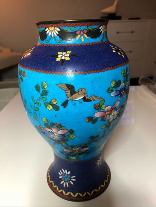 Antique Meiji Japanese Bronze Cloisonné Vase Birds Dogwood Butterfly Turquoise