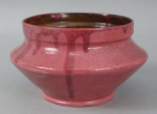 Signed Antique George Ohr Raspberry Pink Glaze Arts & Crafts Pottery Bowl