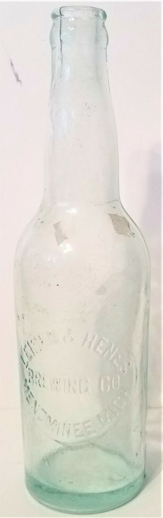 Embossed Aqua Glass Beer Bottle Leisen Henes Brewing Menominee Michigan Mi
