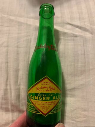 Vintage Berkeley Club Ginger Ale Acl Green Soda Bottle Berkeley Springs,  W.  Va.