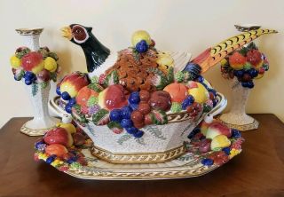 Fitz & Floyd Venezia Pheasant Tureen Platter & Candleholders Thanksgiving/fall