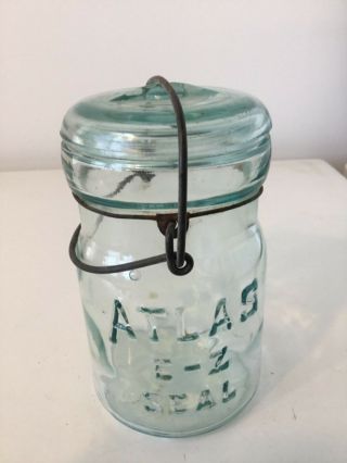 Vintage Atlas E - Z Seal Light Blue Pint Jar W/ Wire Bail Closure & Glass Lid