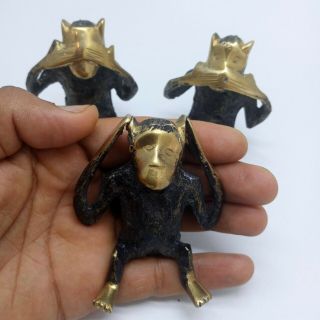Vintage African Three Wise Monkeys Solid Brass Figurine See Hear Speak No Evil