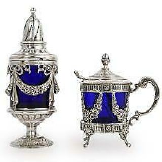 2 Piece 19th Century Silver And Cobalt Blue Glass Salt & Pepper Cellars Shakers