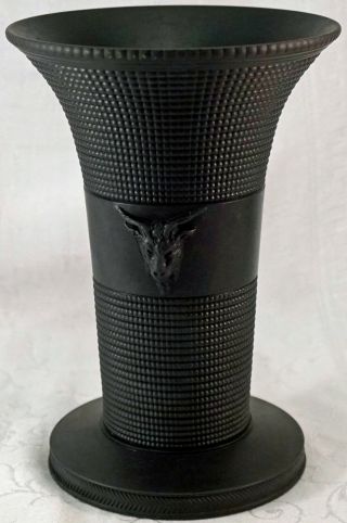 Antique Wedgwood Black Basalt Engine Turned Vase With Goat Faces 1