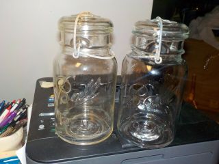2 Vtg Clear 71/2 " Ideal Ball Jars With Snap On Lids With Long I Spelling