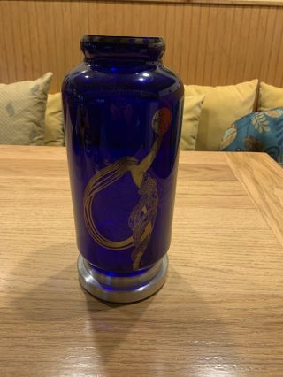 Fireflies By Erte,  Art Deco Silver On Cobalt Glass Vase With Base Franklin
