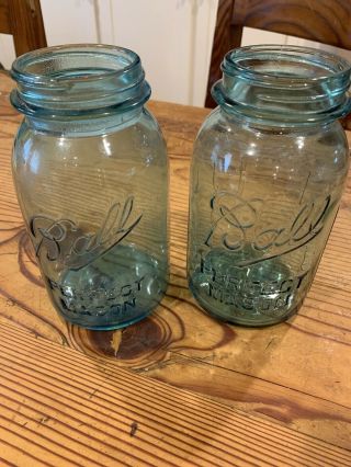 Two (2) Ball Perfect Mason One - Quart Canning Jars In Blue Glass