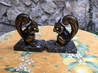 Antique Pair French Art Deco Squirrels Bronze Bookends Signed Franjou Glass Eye