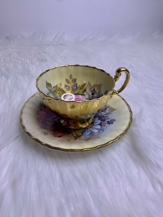 Vintage Aynsley J A Bailey Tea Cup & Saucer Cabbage Rose Gold Bone China
