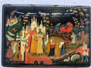 Palekh Russian Hand - Painted Paper Mache Large Lacquer Box Sts Peter & Fevronia