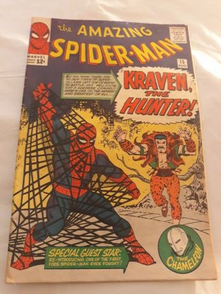 Spider - Man 15 Marvel 1964 Kraven The Hunter 1st Appearance 5.  0 Vg/fn