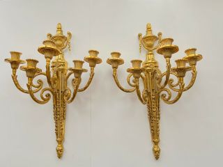 Vintage Pair Five Arm Brass Candle Wall Sconces - Made In Japan