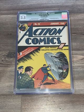 Action Comics 20 Cgc 3.  5 Vg - Dc 1940 " S " Left Off Superman Costume Qualified