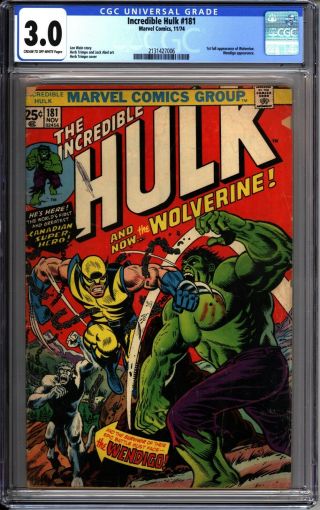 Incredible Hulk 181 - 1st Full Wolverine Appearance - Cgc 3.  0 - Marvel Comics