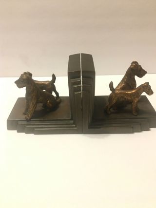 Art Deco Metal Terrier Dog Bookends By Ronson Art Metal,  1930’s With Labels