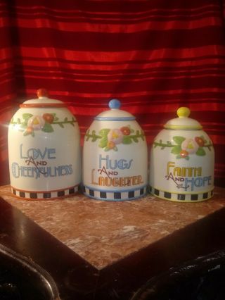 Rare Mary Engelbret Recipe For Happiness 3 Piece Canister Set