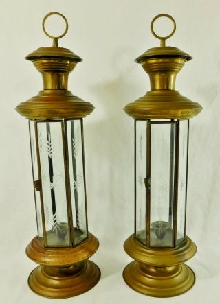 Pair Antique/vtg 21 " Brass & Etched Glass Panel Hexagon Candle Holder Lanterns