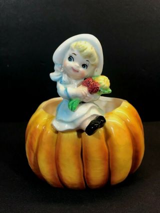 Vtg Relpo Samson Imports 1961 Fall Thanksgiving Pilgrim Girl Pumpkin Planter