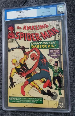 Spider - Man 16 Daredevil Marvel 1964 Cgc 8.  0 Old Label Never Pressed