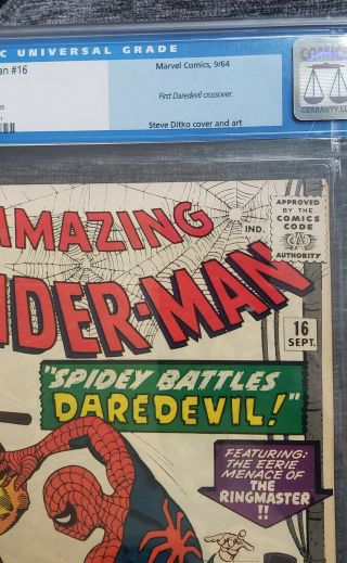 Spider - Man 16 Daredevil Marvel 1964 CGC 8.  0 Old Label Never Pressed 3