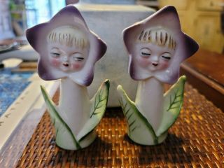 Vintage Pair Japan Anthropomorphic Flower Face Salt And Pepper Shakers