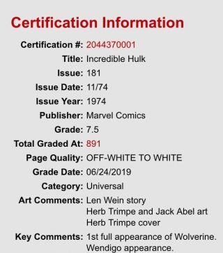 Incredible Hulk 181 CGC 7.  5 KEY 1st Full App Wolverine Bronze Age Holy Grail 3