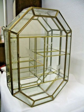 Etched Glass And Brass Curio Cabinet Box With Frosted Edge 14 " Tall 6 Shelfs