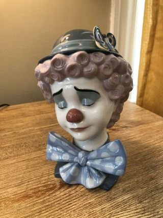 Lladro 5611 Sad Clown Head Figurine With Wooden Stand Retired Cond.