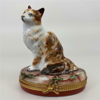 LIMOGES France Pierre Arquie Large White Brown Cat Kitten Porcelain Trinket Box 2