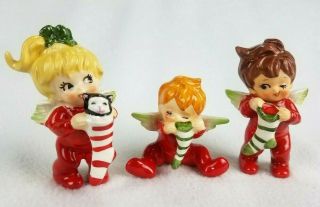 Vintage Lefton - Trio Boys & Girl With Stockings - 3 Christmas Figurines - Japan