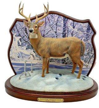 Danbury Winter Whitetail Sculpture By Bruce Miller Wooden Stand Deer Rare