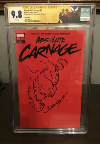Absolute Carnage 1 Cgc Ss 9.  8 1:200 Signed & Sketch Carnage Creator Mark Bagley