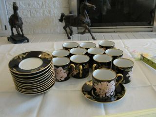 Fitz And Floyd Claisonne Peony Black 12 Demi Cups 2 3/8 " 12 Saucers