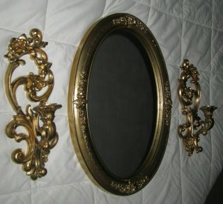 Set Of 3=vtg - Gold Ornate - Wall - Home Interiors Oval Mirror - Homco Candle Sconces