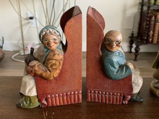 Vintage Anri Carved Wood Bookends Old Man Old Woman With Tag Chairs