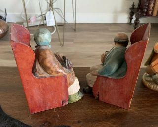 Vintage Anri Carved Wood Bookends Old Man Old Woman with Tag Chairs 2