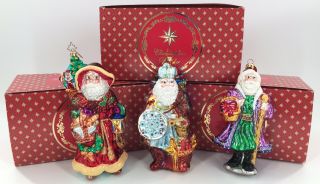 Set/3 Huge 8” Christopher Radko Santa Clause,  Blown Glass Ornaments,  Boxes,  Gc