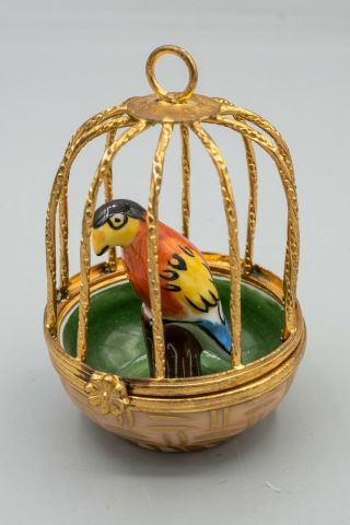 Limoges Colorful Parrot In Cage Trinket Box,  Peint Main,  Porcelain – 2 3/4 "
