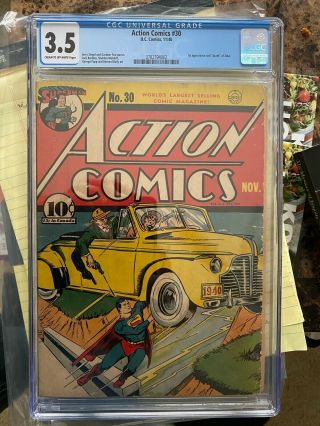 Action Comics 30 Cgc 3.  5 - Pre - Wwii Superman.  Classic Flying W/car Cover