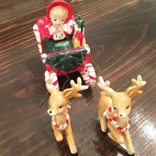 Vtg Napco Lefton Era Christmas Shopper Girl W Candy Cane Sleigh W Two Reindeer