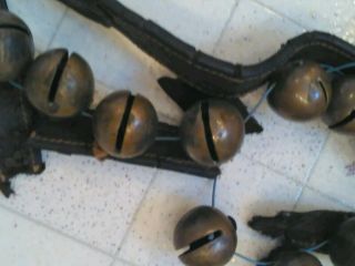 Antique Vintage Brass Sleigh Bells On Leather Strap 28 Bells 1 "