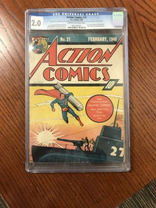 Action Comics 21 Cgc 2.  0 Superman Feb 1940 Wwii Uboat Cover