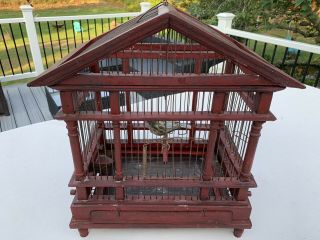 Vintage Antique Victorian Boho Red Wood Rustic Metal Wire Bird Cage Decor